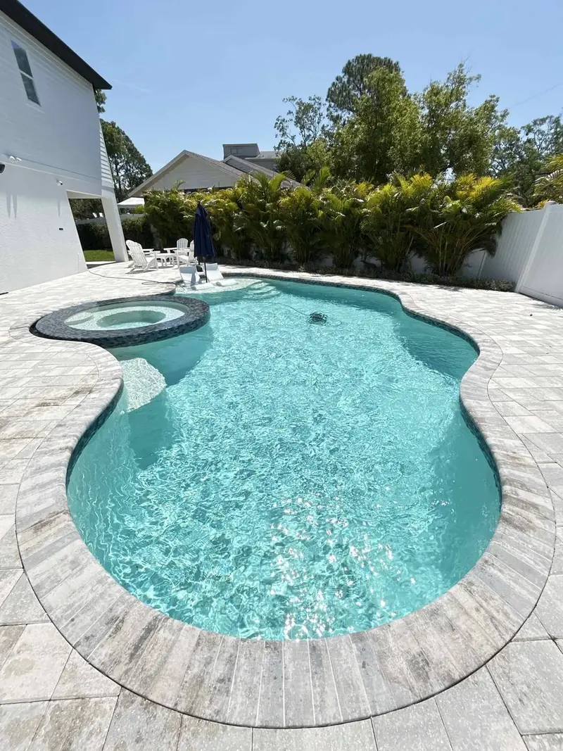 Freeform pool with raised spa and sun shelf on a light paver deck